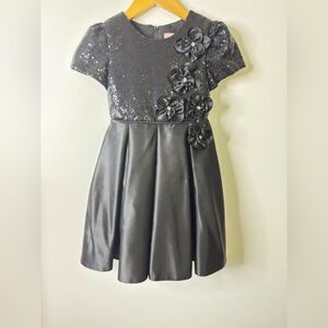 Girls Black Sequin Party Dress Satin Skirt 3D Flower Appliqué Bow Back Holiday